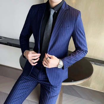 (Куртка + жилет) Модный бутик, мужской повседневный деловой костюм в синюю полоску, высококлассный социальный официальный костюм, комплект из 2 предметов, свадьба жениха