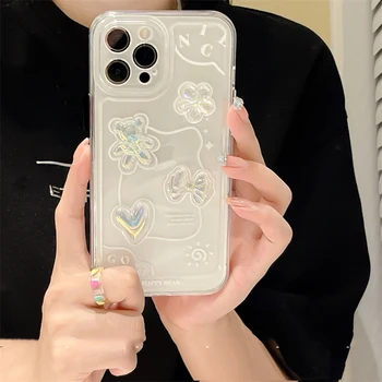 Корейский 3D медведь Love Heart Прозрачный мягкий чехол для iphone 14 Pro Max 13 12 Pro 11 X XR XS 7 8 Plus SE3 MiNi Cute Прозрачный чехол