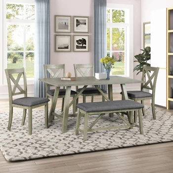Обеденный стол из 6 предметов, деревянный обеденный стол и стул, кухонный стол со столом, скамейкой и 4 стульями, в деревенском стиле, серый