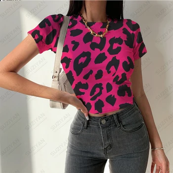 Женский летний модный короткий топ с 3D-принтом, яркая леопардовая футболка с коротким рукавом, женский пуловер с круглым вырезом, сексуальный стиль, топ