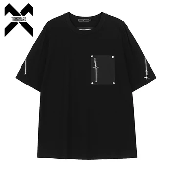 Летняя черная футболка 2023, мужская футболка с карманом в стиле пэчворк на молнии, пара уличной одежды, футболки в стиле Харадзюку, панк, топы