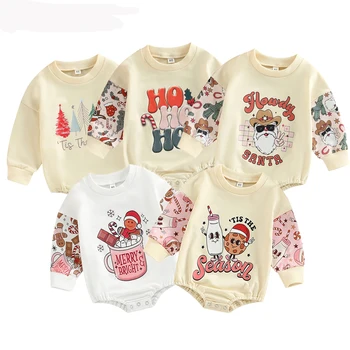 Модные комбинезоны для новорожденных мальчиков и девочек с рождественской елкой, свитшоты в стиле пэчворк с длинными рукавами и буквенным принтом из мультфильмов, комбинезоны