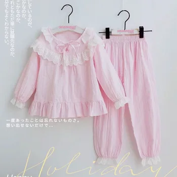 Новый пижамный костюм для девочек, хлопчатобумажная льняная осенняя домашняя одежда, кружевная милая пижама, одежда для сна принцессы и розовой девочки