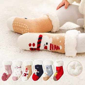 Забавные милые детские зимние носки, нескользящие детские носки, мультяшные рождественские толстые теплые детские носки для новорожденных от 0 до 4 лет