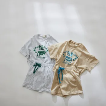 Летняя детская одежда, Хлопковая свободная футболка для мальчиков, Повседневные топы с буквенным принтом для девочек с коротким рукавом + однотонные шорты, 2 шт.