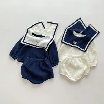 2шт Одежда для новорожденных мальчиков из органического хлопка Темно-синего цвета с отворотом, рубашка с длинным рукавом, Топ + Хлебные штаны, Корейская Повседневная Детская одежда