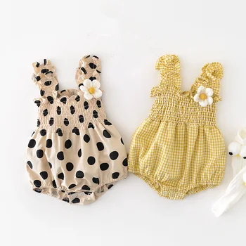 Комбинезон для маленьких девочек, Милый клетчатый комбинезон с цветочным рисунком, летний слинг для новорожденных, цельный комбинезон в корейском стиле, одежда для младенцев 0-24 месяцев