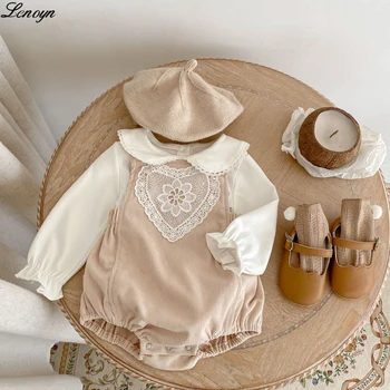 Lenoyn 2023 Весенняя мода Для младенцев и девочек, рубашка с подкладкой под шею для кукол, штаны с кружевным принтом и ремешком в виде любви, комплект из 2 предметов