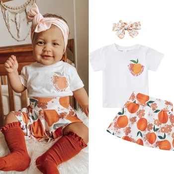 FOCUSNORM 0-24 м, Летние Милые комплекты одежды для маленьких девочек, Футболка с коротким рукавом и буквенным принтом в виде цветка персика + Юбка + повязка на голову