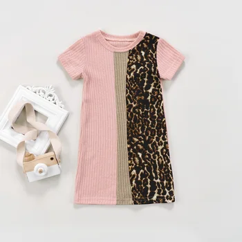Летнее платье для маленьких девочек с круглым вырезом и коротким рукавом, леопардовое платье в рубчик в стиле пэчворк, повседневное платье до колен для девочек, 1 шт.