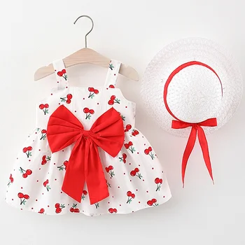 платье для маленьких девочек вишневый летний комплект из 2 предметов для новорожденных, платье на день рождения 1 года, слинг без рукавов, хлопковая одежда для малышей