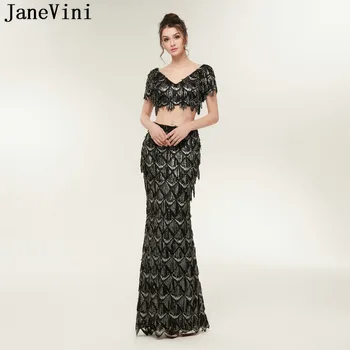 JaneVini блестящие черные платья для выпускного вечера в стиле русалки с V-образным вырезом и коротким рукавом из тюля с блестками и кисточками, длинные вечерние платья Vestidos De Gala