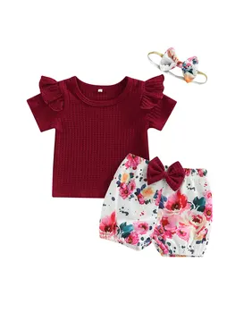Летний комплект одежды из 3 предметов для маленьких девочек, однотонная вафельная трикотажная футболка, Эластичные шорты с высокой талией и цветочным рисунком, повязка на голову