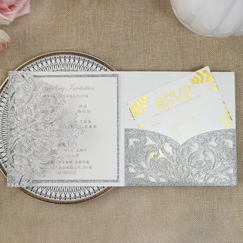 карманные приглашения на свадебный душ, вырезанные лазером из серебра 50шт, блестящие приглашения цвета шампанского для пышной вечеринки