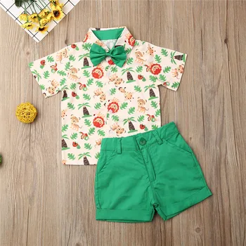 Комплект для маленьких мальчиков 1-5 лет, футболка с милым животным Львом для мальчиков, топы, зеленые шорты, детская одежда, Комплект одежды для маленьких мальчиков, летний костюм для малышей