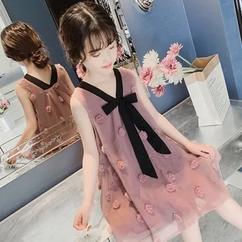 Платье для девочек Летняя Одежда Корейский Модный стиль 12 Детская одежда 9 Студенческие Элегантные Платья из чистой Пряжи 8 Детская одежда 7 лет
