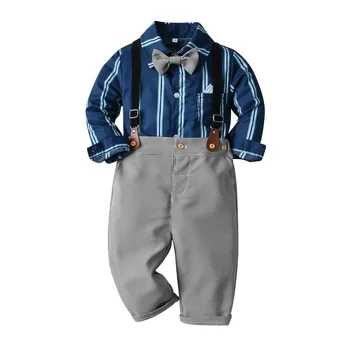 Одежда в полоску для маленьких мальчиков, официальные комплекты для детей, рубашка + серые брюки, 4 предмета, костюм джентльмена, детский костюм на день рождения