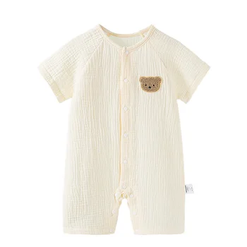 2023 Летний Новый детский Тонкий хлопковый комбинезон с коротким рукавом для мальчиков и девочек, милая одежда с рисунком Медведя из мультфильма, повседневный комбинезон для новорожденных