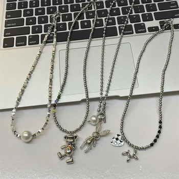 Корейское ожерелье с подвеской в виде сердца с жемчужным медведем и кроликом, Серебряное ожерелье с эмалью, ожерелье-чокер из бисера, Женские ювелирные изделия Kawaii Y2K, подарки