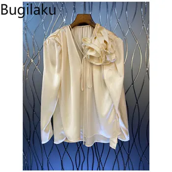Bugilaku 3d Цветок Лоскутная Модная Блузка Женская С V-образным вырезом И Длинным Рукавом Темпераментная Camisas Mujer Высокое Качество Свободная Блузка Femme