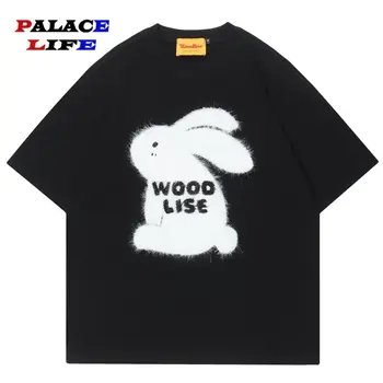 Мужская футболка с вышивкой кролика, уличная одежда, Летняя хлопковая футболка Harajuku 2023, мягкая футболка, Черные, красные топы, тройники