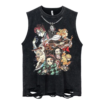 Топы с принтом аниме, рубашки без рукавов Demon Slayer, винтажные топы Kyoujurou, выстиранный летний топ Inosuke Zenitsu, ретро-жилеты