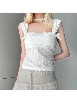 Женский летний белый укороченный топ Sexy Y2k Fashion Vintage Casual С шикарным бантом, кружевная майка без рукавов с открытыми плечами, жилет, Корейская одежда