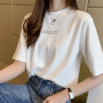 Летняя футболка с коротким рукавом в японском стиле, женский топ, летняя Корейская футболка оверсайз, свободная футболка с круглым вырезом и надписью на половине рукава