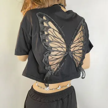 Верхняя женская одежда Y2K, Эстетичные футболки С коротким рукавом, Одноцветная бабочка, Открытые топы, Женский топ в стиле Гранж, лето