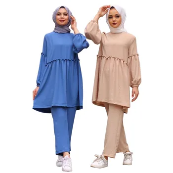 Женский мусульманский комплект из двух предметов, исламский Свободный крой, топы средней длины с брюками, костюм Рамадан Абайя, этническая одежда