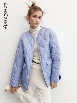 Женская модная хлопчатобумажная куртка в клетку, повседневная пуховая куртка с V-образным вырезом и длинным рукавом, свободный карман, 2023, Весенняя шикарная уличная одежда