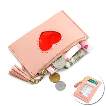 Женский короткий кошелек с милым сердечком, держатель для нескольких карт, женский кошелек с карманом для монет, украшенный кисточками, клатч на молнии.