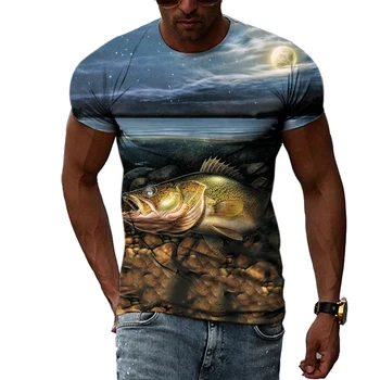 Летняя мужская 3D-печать с рыбацкой графикой, забавный дизайн, повседневная индивидуальность, модная футболка с круглым воротником