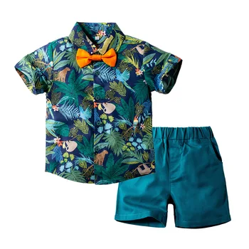 Детская одежда Для маленьких детей, летние комплекты для мальчиков, рубашка с принтом + зеленые шорты, 2 предмета, костюмы для детей от 2 до 3 лет с короткими рукавами, костюм