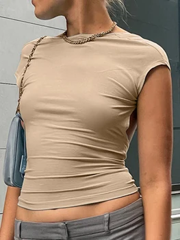 Повседневная футболка с открытой спиной для женщин, летние укороченные однотонные облегающие футболки с коротким рукавом, рубашки, Женская уличная одежда, сексуальные футболки, топы 2023