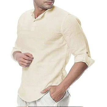 Мужская однотонная повседневная рубашка свободного покроя из хлопка и льна, однотонная рубашка с длинными рукавами, модная мужская одежда