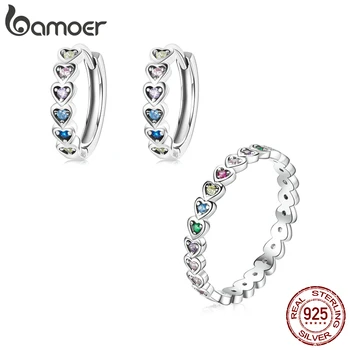 BAMOER Крошечные сердечные пряжки для ушей из стерлингового серебра 925 пробы, наращиваемые кольца с сердечками для женщин и девочек, модный подарочный набор украшений Rainbow