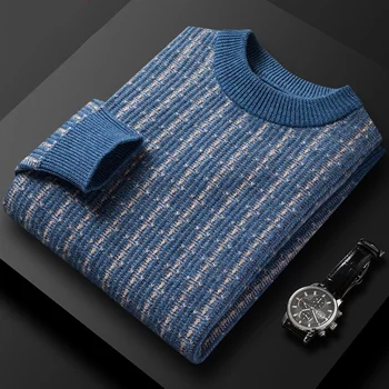 Роскошный высококачественный свитер из 100% чистой шерсти, мужской модный жаккардовый молодежный пуловер, повседневный зимний утолщенный теплый вязаный свитер