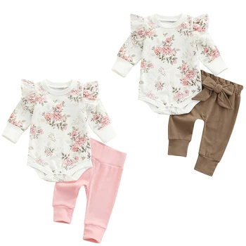 FOCUSNORM 0-18 м, комплекты одежды для новорожденных девочек и мальчиков, 2 шт., ползунки с цветочным принтом, топы с длинными рукавами, эластичные штаны