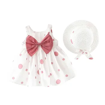 Детское платье с большим бантом, прекрасная летняя одежда для новорожденных девочек, Милые хлопковые платья в горошек без рукавов для малышей + солнцезащитная шляпа, комплект одежды для новорожденных
