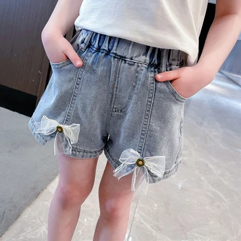 Джинсы для девочек с большим бантом, детские джинсы для девочек, летние детские джинсы в повседневном стиле, детская одежда