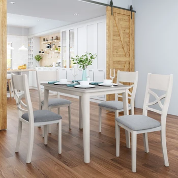 Кухонный обеденный стол из деревенского дерева в деревенском стиле из 5 предметов с 4 мягкими стульями, светло-серый + белый