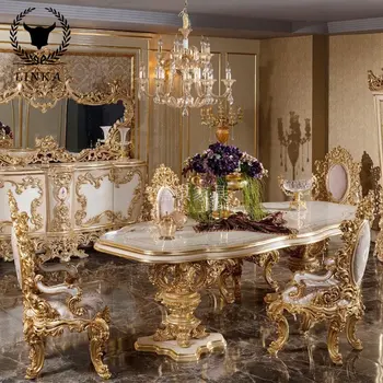 Изготовленные на заказ в европейском стиле Длинные обеденные столы и стулья из массива дерева Роскошная Итальянская цветная роспись золотой фольгой Обеденный стол ручной работы