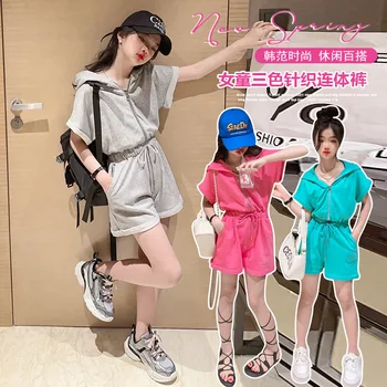 2023 Комплект из 2 предметов для корейских девочек, рубашка с капюшоном + шорты, летние модные костюмы для девочек, детская одежда от 5 до 15 лет