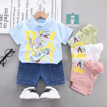 Летняя высококачественная одежда для маленьких мальчиков, хлопковые детские рубашки с мультяшным принтом, Комплекты костюмов
