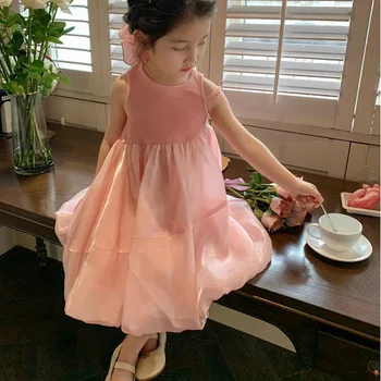 2023 Летние платья, бутик одежды для маленьких девочек, Корейская мода, Сетчатое платье принцессы без рукавов, Детская одежда BC443