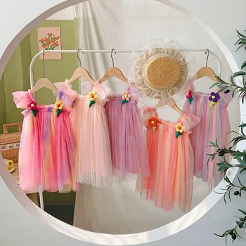 Летнее радужное сетчатое платье для маленьких девочек с развевающимися рукавами и 3D цветочным рисунком для девочек, платье принцессы, пушистое платье