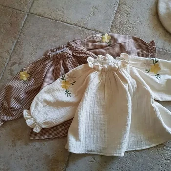 Весенне-осенняя детская футболка с длинным рукавом, топы, футболки, Нижняя рубашка из органического хлопка с цветочной вышивкой, Милая нижняя рубашка для девочки