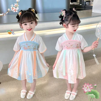 Платье для девочек Лето 2023, платье Ханфу в китайском стиле, платье принцессы для девочек, шикарная юбка для девочки в стиле Тан