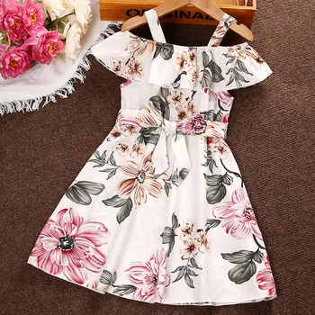 Летняя детская юбка нового стиля с принтом на одно плечо, юбка принцессы с короткими рукавами и цветочным бантом, милое милое платье